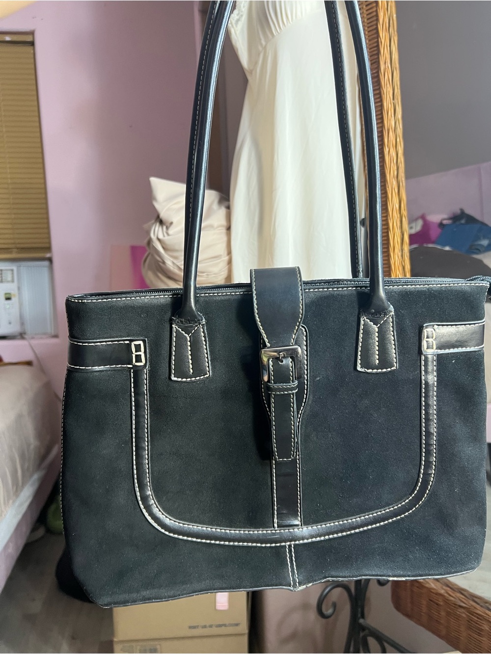 Newport News Black Suede Shoulder Bag with White Topstitching